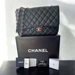 Chanel Classic Jumbo Quilted Grained Flap Bag Silver Chain  Hardware